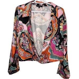 Rachel Zoe Boho Paisley Wrap Blouse Top Rayon Long Sleeve Size L Statement